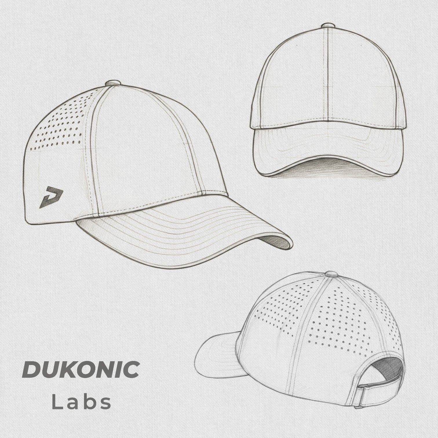 Three line-art views of a baseball cap on a light textured background, with the text 'DUKONIC Labs' in the lower left. The cap is shown from front, side, and back angles.