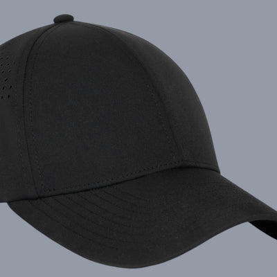 Three-quarter front view of a black baseball cap against a plain gray background